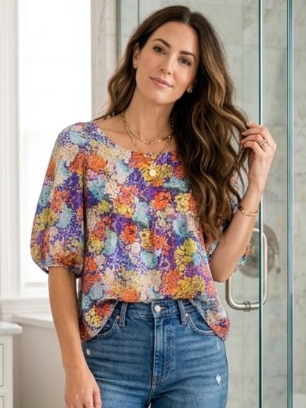 Ali Ro Multicolor Floral Print Blouse Puff Sleeves 100 percent SILK
